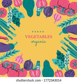 Colored organic fresh vegetables in circle frame, greeting card template. Posters, placards and banners. Hand drawn vector illustration in modern flat style, isolated on yellow background