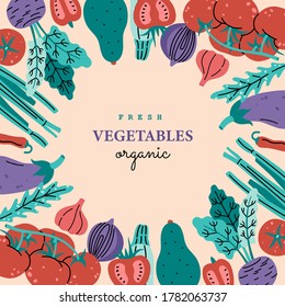 Verduras frescas orgánicas coloreadas en marco circular, plantilla de tarjeta de saludo. Carteles, pancartas y carteles. Ilustración vectorial dibujada a mano en estilo plano moderno, aislada en fondo claro