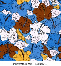 Colored orient pattern in brown and blue colors. Seamless floral ornament. Modern hibiscus flower pattern with royal hibiscus.