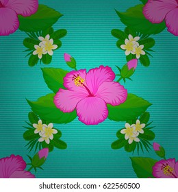 Colored orient pattern on a blue background. Seamless floral ornament. Modern hibiscus flower pattern with royal hibiscus.