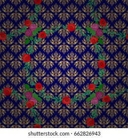 Colored orient pattern on a blue background. Seamless floral ornament. Modern poppy flower pattern with royal poppies.