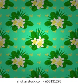 Colored orient pattern on a green background. Seamless floral ornament. Modern plumeria flower pattern with royal plumerias.