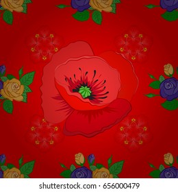 Colored orient pattern on a red background. Seamless floral ornament. Modern poppy flower pattern with royal poppies.