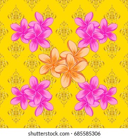 Colored orient pattern on a yellow background. Seamless floral ornament. Modern plumeria flower pattern with royal plumerias.