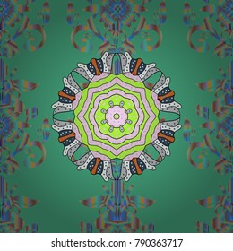 Colored. Orient, symmetry lace, fabric. Vintage vector decorative ornament. Arabic Mandala pattern on green, neutral and blue colors. Ethnic texture. East, Islam, Indian, motifs. Wedding, holiday card