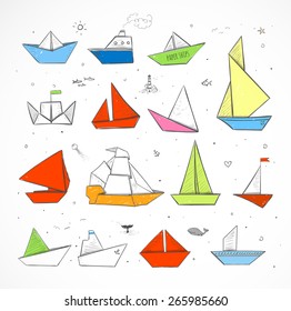 Colored Origami paper ships sketches. Paper sailing ships, steamboats, yachts, boats.