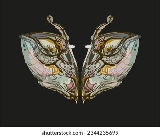 Colored ornamental butterfly wings on black for prints on T-shirts or textiles. Decorative butterfly symbol for shield or sport emblems, tattoos, fashion trends, graphics on vehicles, fabric products