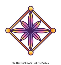 Colored ornamental gradient flower decorative element in diamond shaped frame vector icon outliend illustration isolated on square white background. Simple flat cartoon art styled drawing.