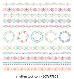 Colored ornamental lines and rounds set isolated on white. Ethnic style.