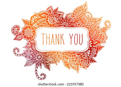 Colored ornate floral doodle frame isolated on white with hand drawn words 'thank you' on it.