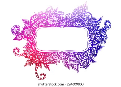 Colored ornate floral doodle frame isolated on white.