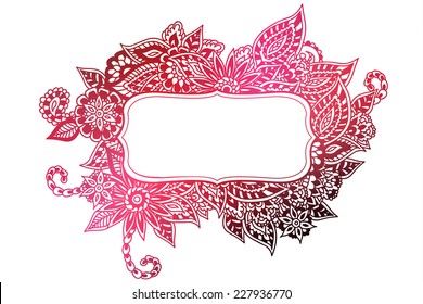 Colored ornate floral doodle frame isolated on white.