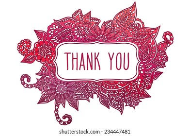 Colored ornate floral doodle frame isolated on white with hand drawn words 'thank you' on it.
