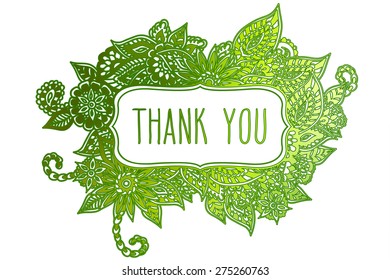 Colored ornate floral doodle frame isolated on white with hand drawn words 'thank you' on it.