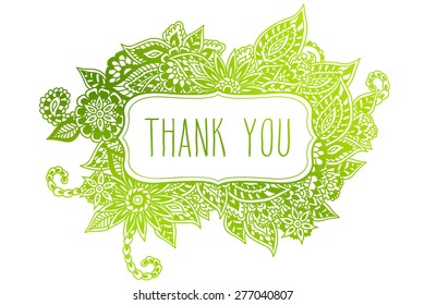 Colored ornate floral doodle frame isolated on white with hand drawn words 'thank you' on it.