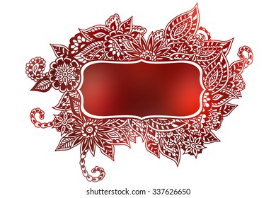 Colored ornate floral doodle frame isolated on white.