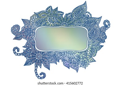 Colored ornate floral doodle frame isolated on white with room for your text.