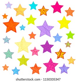 Colored ornate stars. Sky multicolored elements isolated on white. Design for spiritual relaxation for adults. Intricate patterns on isolation background. Zen art. Zentangle. Prints for t-shirts