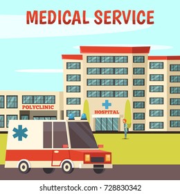 Colored orthogonal municipal buildings background with medical services polyclinic and hospital descriptions vector illustration