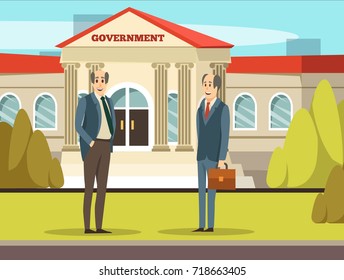 Colored orthogonal municipal buildings composition government with two smiling employers in suits vector illustration
