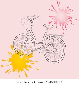 Colored outline of bicycle with watercolor blots isolated on light pink background. Hand-drawn sketch. Art vector illustration for your design. EPS10