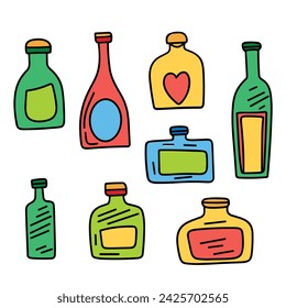 Colored outline bottle in doodle style. Hand drawn vector art.