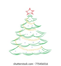 Colored outline of a Christmas tree on a white background.
