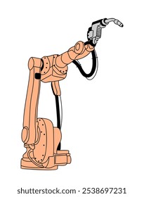 Colored outline drawing of modern automatization technology, robotic arm. Artificial intelligence support for industry concept. Vector hand drawn illustration isolated on white background.
