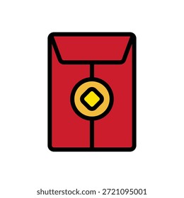 Colored outline icon of a closed red envelope with gold accents. Perfect for Chinese New Year gifting, prosperity symbols, festive greetings, and cultural visuals.