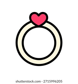 Colored outline icon of a gold ring with a pink heart-shaped gem. Great for proposals, Valentine's romance, engagement themes, and commitment graphics.