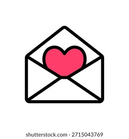 Colored outline icon of an open envelope revealing a pink heart symbol. Ideal for Valentine cards, sweet expressions of love, romantic visuals, and festive designs.