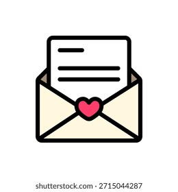 Icono de contorno coloreado de un sobre abierto con el símbolo del corazón que revela una letra. Perfecto para mensajes románticos, saludos de San Valentín, notas de amor y gráficos de comunicación.