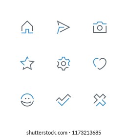 Colored outline icon set - home, paper airplane, photo camera, star, gear wheel, heart, smile face, check mark and cross symbol. Internet, website and social network vector signs.