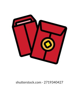 Icono de contorno coloreado de dos sobres rojos colocados juntos. Perfecto para imágenes de regalo del Año Nuevo chino, temas de celebración y gráficos tradicionales de vacaciones.