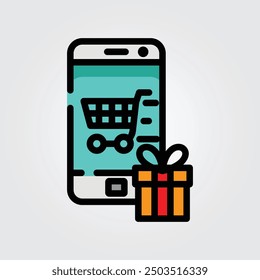 Diseño coloreado de la Ilustración vectorial del logotipo del icono de las compras en línea, para el diseño del tema de las características del smartphone