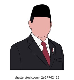 Colored Outline Portrait with Songkok, Red Tie, and Medal, Stylized Figure with Traditional Headwear and Black Outlines