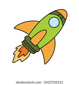Colored outline rocket in doodle style. Hand drawn vector art.