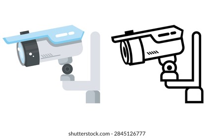 Colored and outline security camera illustrations with mounted lenses and brackets, presented as clean graphic assets.