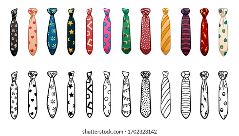 Colored and outline style neckties with different knots and patterns set isolated illustration. White background, vector.