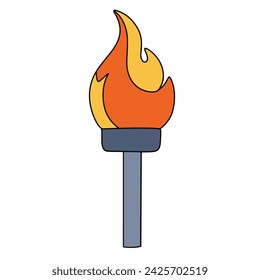 Colored outline torch with flame in doodle style. Hand drawn vector art.