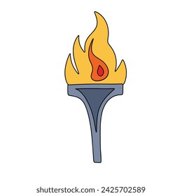 Colored outline torch with flame in doodle style. Hand drawn vector art.