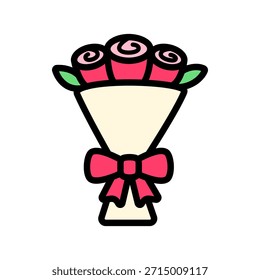 Colored outline vector of a bouquet of red roses tied with ribbon. Great for Valentine romance themes, anniversary graphics, and floral gifting designs.
