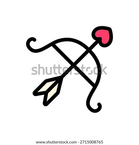 Colored outline vector of cupid’s bow with heart-shaped arrow. Ideal for Valentine’s romance, matchmaking visuals, and love-themed designs.
