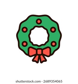 Farbiger Umrissvektor eines Weihnachtskranzes mit grünen Blättern und rotem Band. Perfekt für Weihnachtsdekoration, Grußbilder und festliche saisonale Illustrationen.