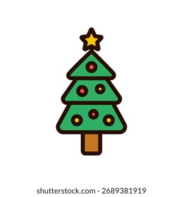 Vetor de contorno colorido de uma árvore de Natal decorada com bolinhas e estrela. Ideal para marcas festivas, cartões de férias e visuais de celebração sazonal.