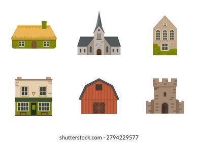 Colored outline vector icons for architecture and buildings, illustrating church, house, castle, farm, barn, and traditional village structures.