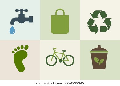 Colored outline vector icons for eco-lifestyle and sustainability, showing recycling symbol, green bag, water tap, footprint, and bicycle transport.