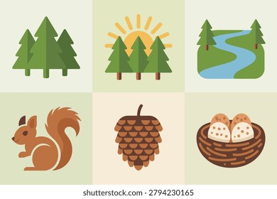 Colored outline vector icons for forest wildlife, showing squirrel, pine cone, nest, trees, and river.