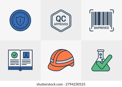 Colored outline vector icons for industrial safety, representing quality check approval, barcode scan, construction helmet, technical manual, and chemistry testing.