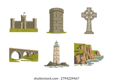 Colored outline vector icons for Irish landmarks, showing old stone bridge, coastal lighthouse, cliff edge, Celtic cross, and historic castle.